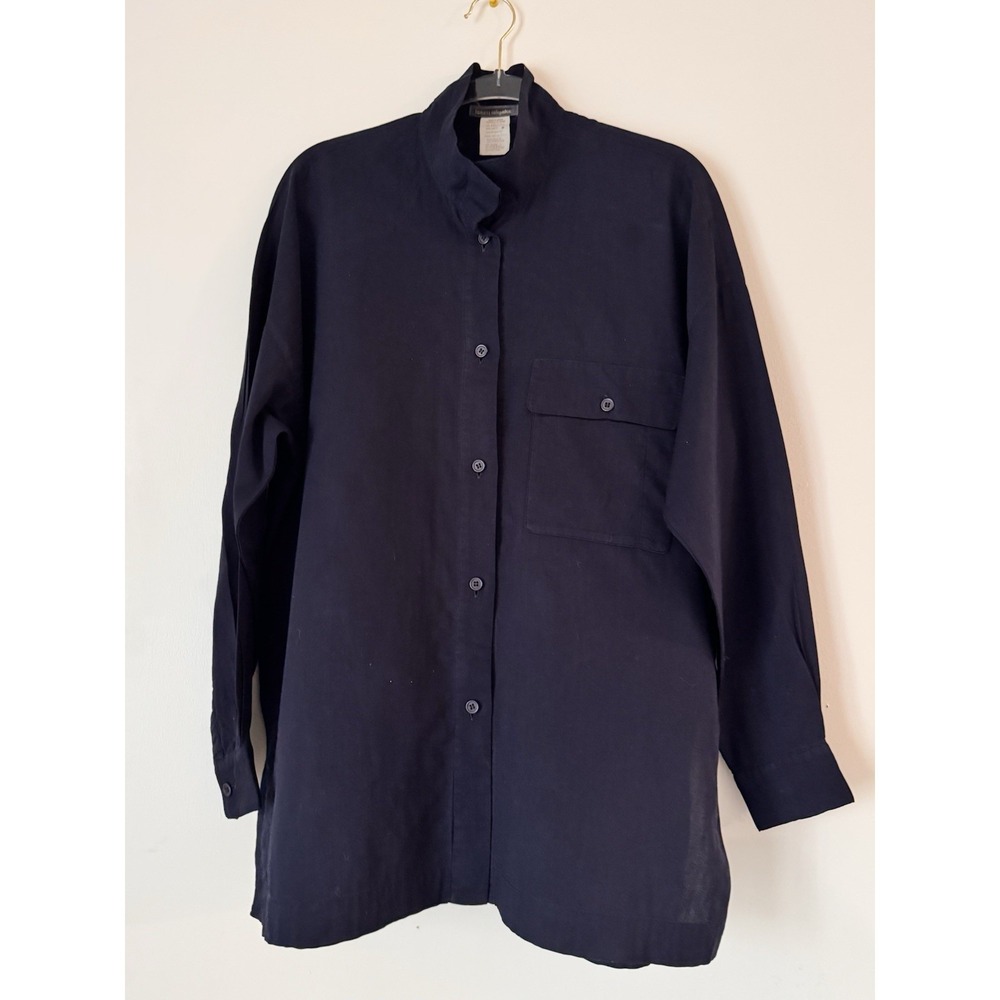 Vintage Issey Miyake Shirt Mens SZ M Navy Blue Button Up Band Collar Pocket